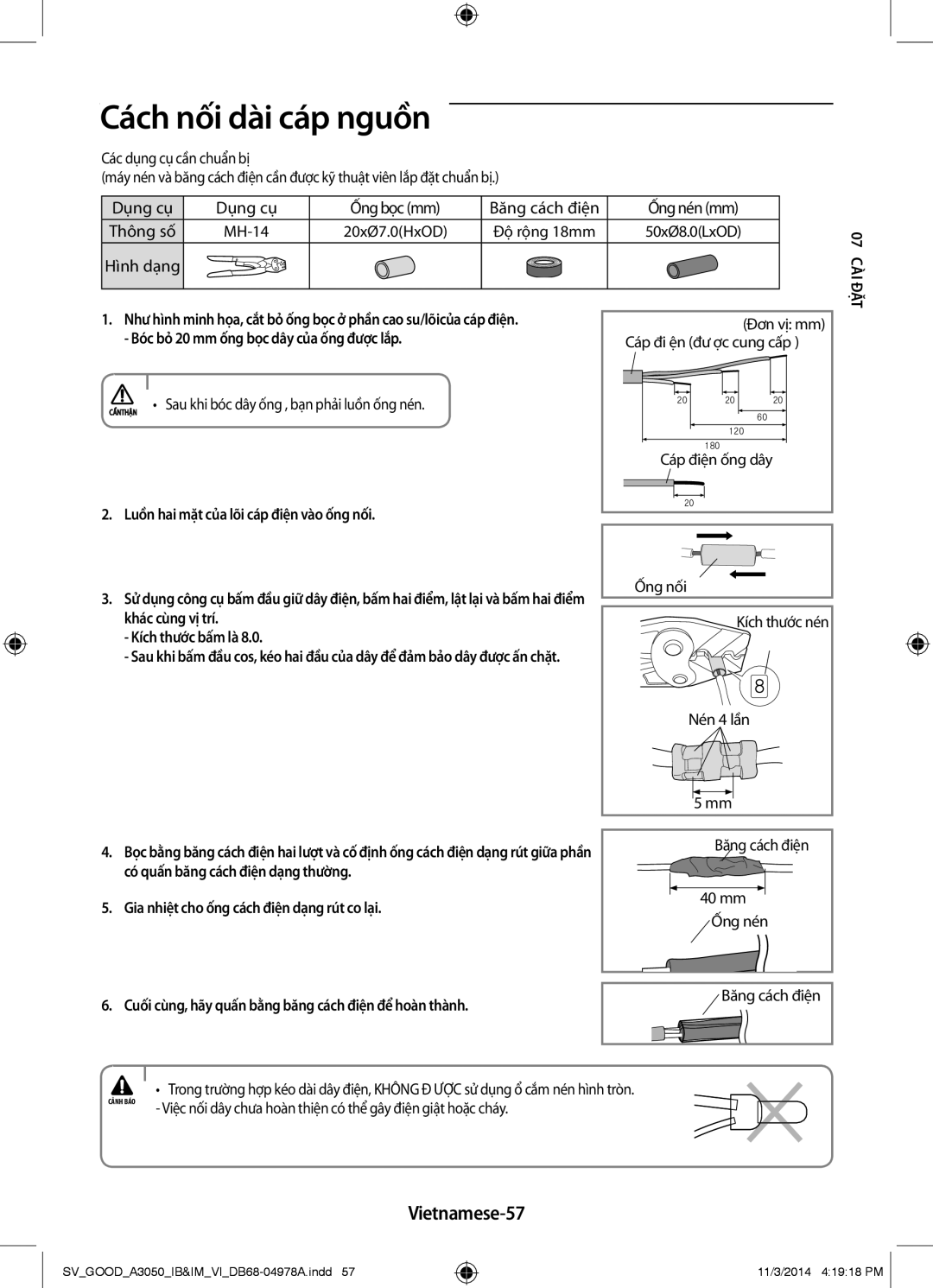 Samsung AR12JVFSBWKNSV, AR09JVFSBWKNSV Cách nối dài cáp nguồn, Vietnamese-57, Luồn hai mặt của lõi cáp điện vào ống nối 