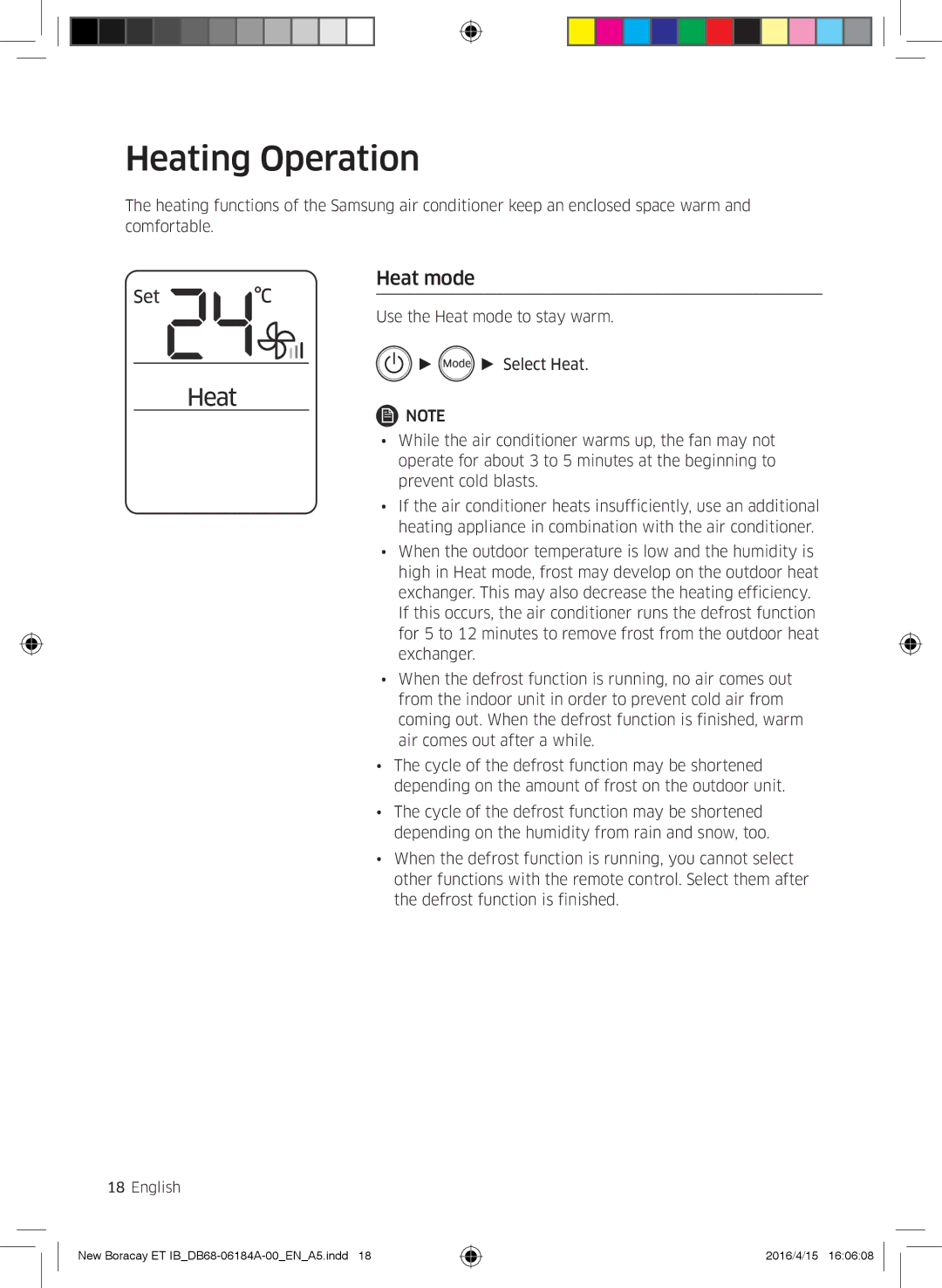 Samsung AR12KSFHBWKNZE, AR09KSFHBWKNET, AR12KSFHBWKNET, AR07KSFHBWKNEU, AR09KSFHBWKNZE manual Heating Operation, Heat mode 