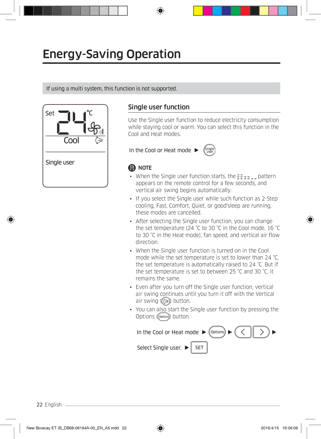 Samsung AR09KSFHBWKNZE, AR09KSFHBWKNET, AR12KSFHBWKNET, AR07KSFHBWKNEU manual Energy-Saving Operation, Single user function 