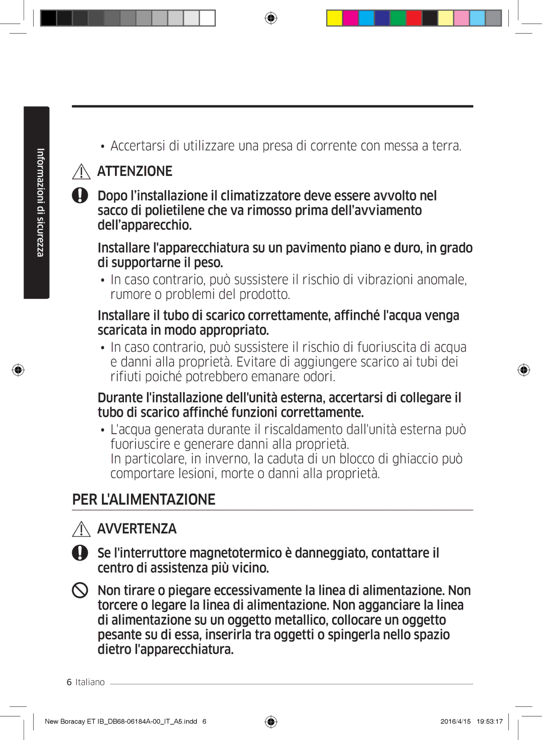 Samsung AR12KSFHBWKNET, AR09KSFHBWKNET, AR07KSFHBWKNEU manual PER Lalimentazione 