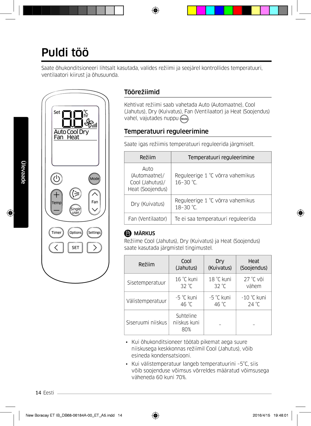 Samsung AR09KSFHBWKNET, AR12KSFHBWKNET, AR07KSFHBWKNEU manual Puldi töö, Töörežiimid, Temperatuuri reguleerimine 