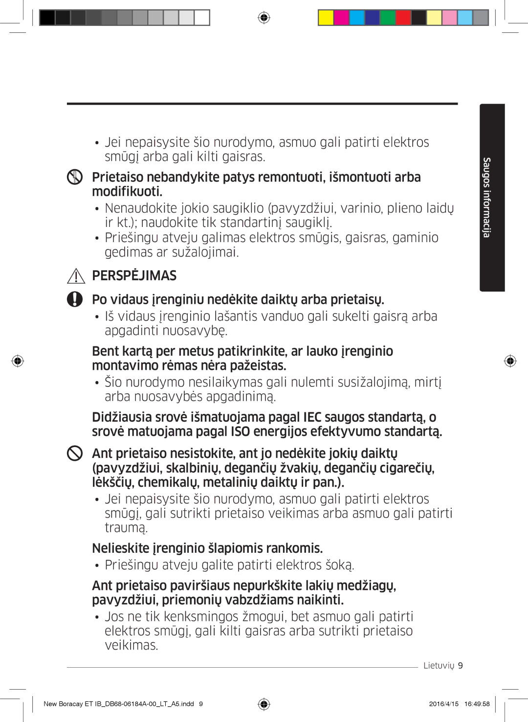 Samsung AR12KSFHBWKNET, AR09KSFHBWKNET, AR07KSFHBWKNEU manual Perspėjimas 