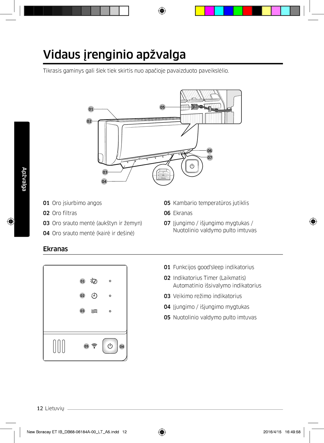 Samsung AR12KSFHBWKNET, AR09KSFHBWKNET, AR07KSFHBWKNEU manual Vidaus įrenginio apžvalga, Ekranas 