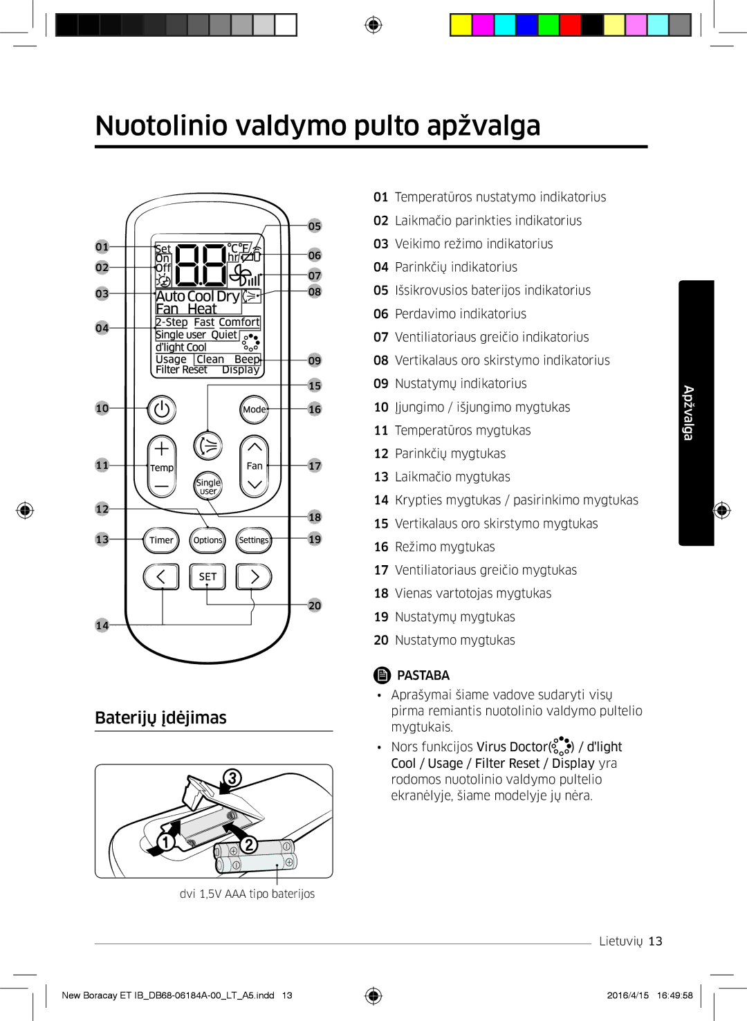 Samsung AR07KSFHBWKNEU, AR09KSFHBWKNET, AR12KSFHBWKNET manual Nuotolinio valdymo pulto apžvalga, Baterijų įdėjimas 