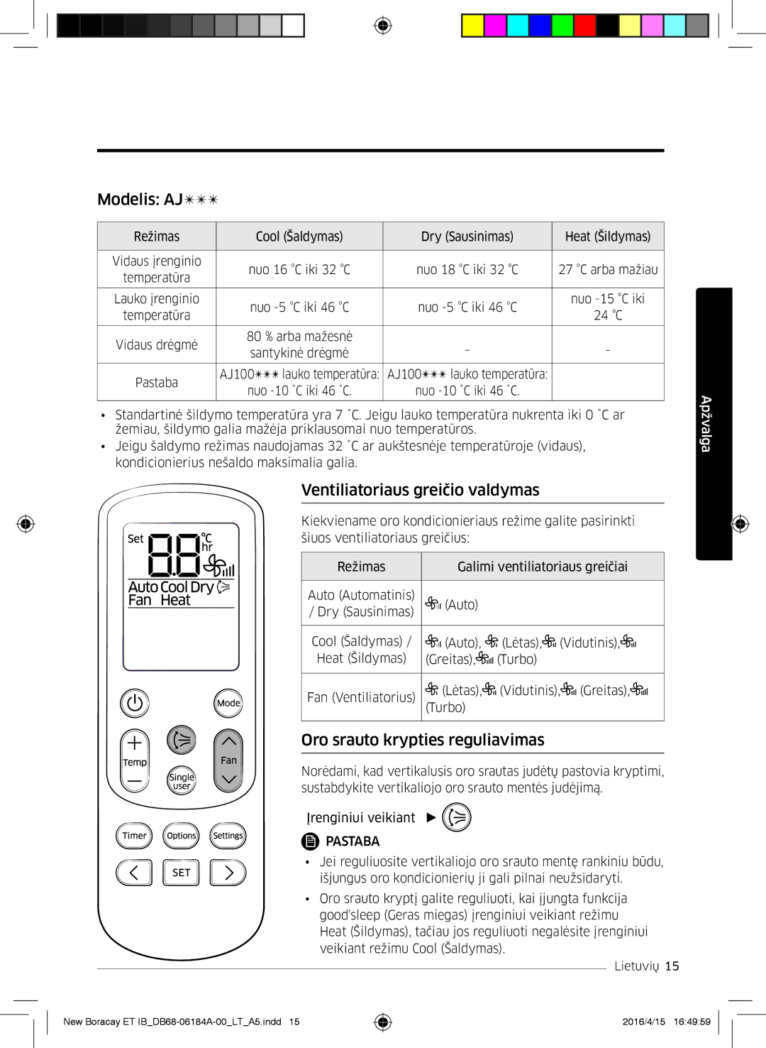 Samsung AR12KSFHBWKNET, AR09KSFHBWKNET Modelis AJ, Ventiliatoriaus greičio valdymas, Oro srauto krypties reguliavimas 