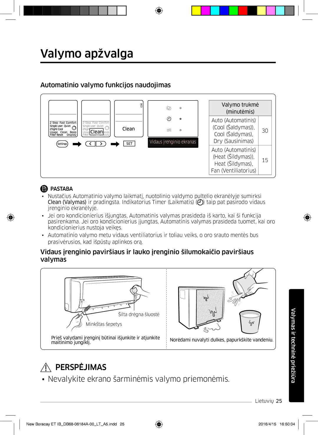 Samsung AR07KSFHBWKNEU, AR09KSFHBWKNET, AR12KSFHBWKNET manual Valymo apžvalga, Automatinio valymo funkcijos naudojimas 