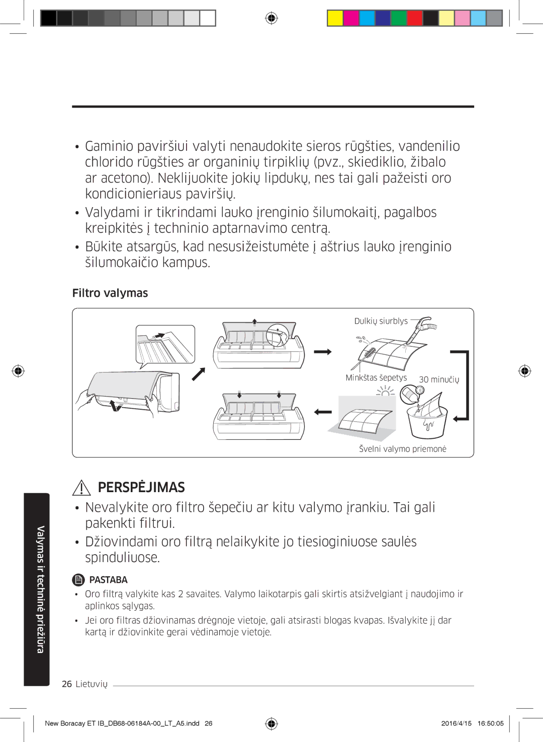 Samsung AR09KSFHBWKNET, AR12KSFHBWKNET, AR07KSFHBWKNEU manual Filtro valymas 