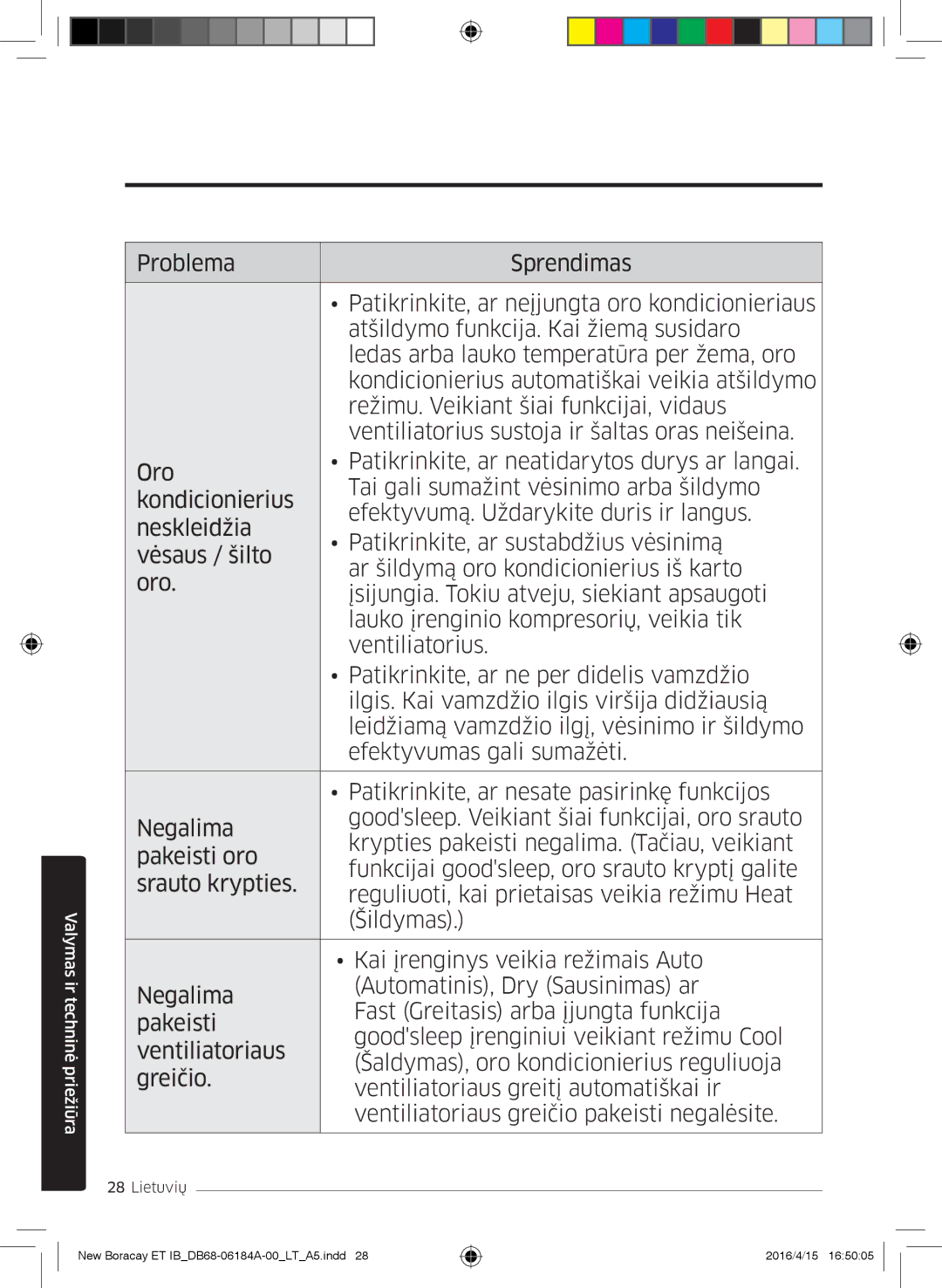 Samsung AR07KSFHBWKNEU, AR09KSFHBWKNET, AR12KSFHBWKNET manual Valymas ir techninė priežiūra 