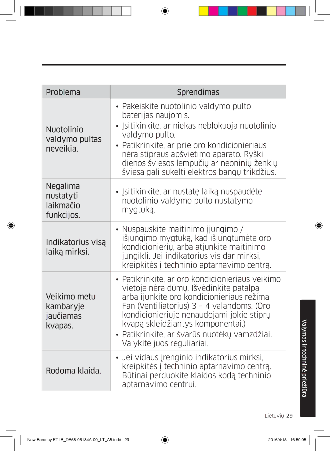 Samsung AR09KSFHBWKNET, AR12KSFHBWKNET, AR07KSFHBWKNEU manual Valymas ir techninė priežiūra 