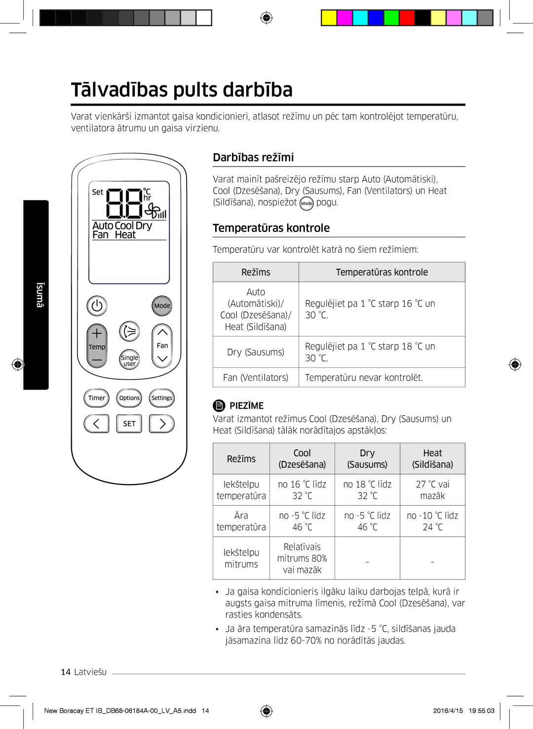 Samsung AR09KSFHBWKNET, AR12KSFHBWKNET, AR07KSFHBWKNEU Tālvadības pults darbība, Darbības režīmi, Temperatūras kontrole 