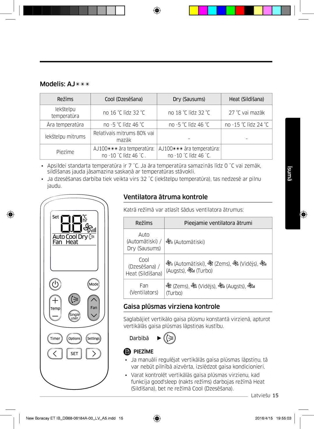 Samsung AR12KSFHBWKNET, AR09KSFHBWKNET manual Modelis AJ, Ventilatora ātruma kontrole, Gaisa plūsmas virziena kontrole 