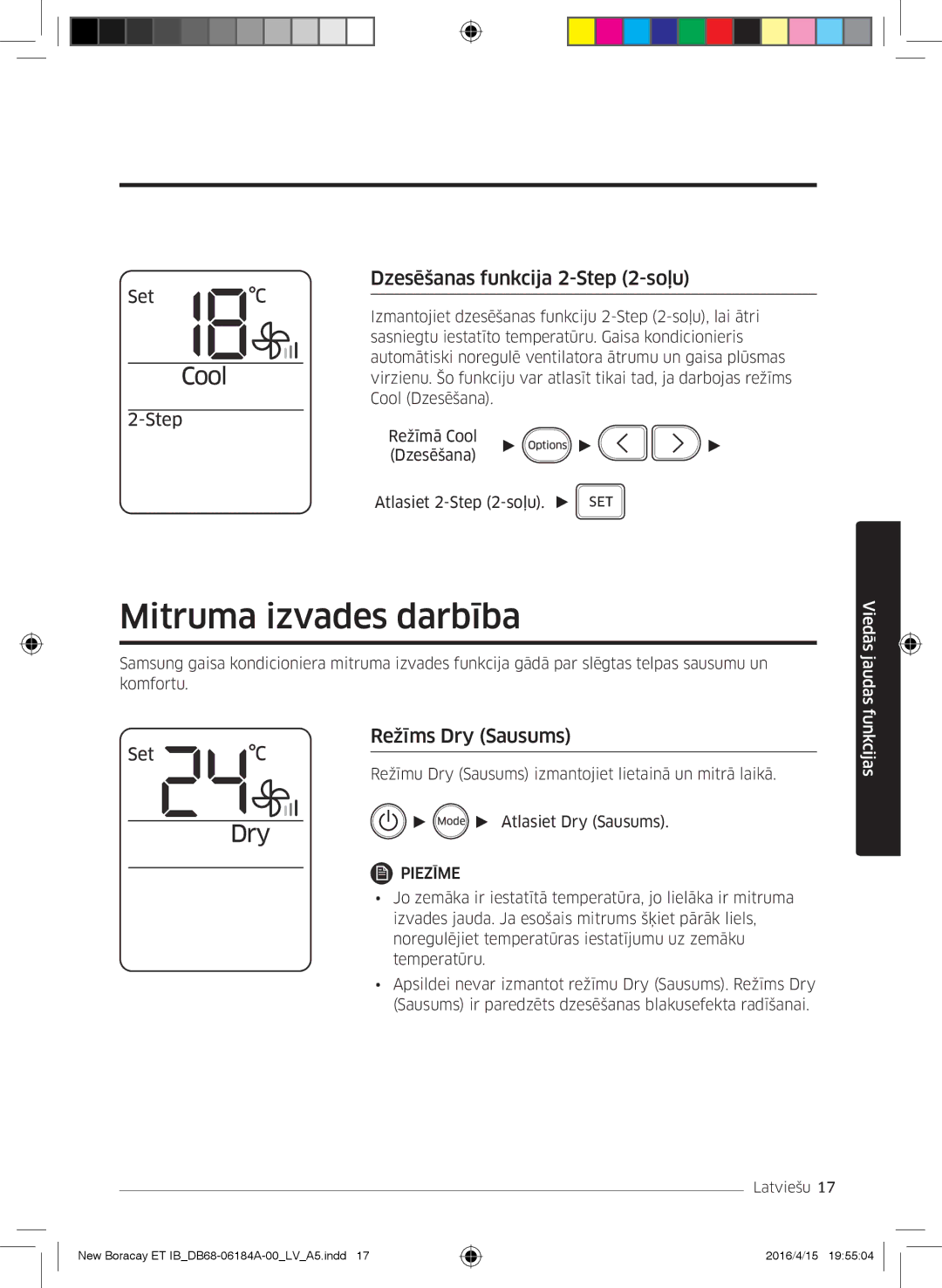 Samsung AR09KSFHBWKNET, AR12KSFHBWKNET manual Mitruma izvades darbība, Dzesēšanas funkcija 2- -soļu, Režīms Dry Sausums 