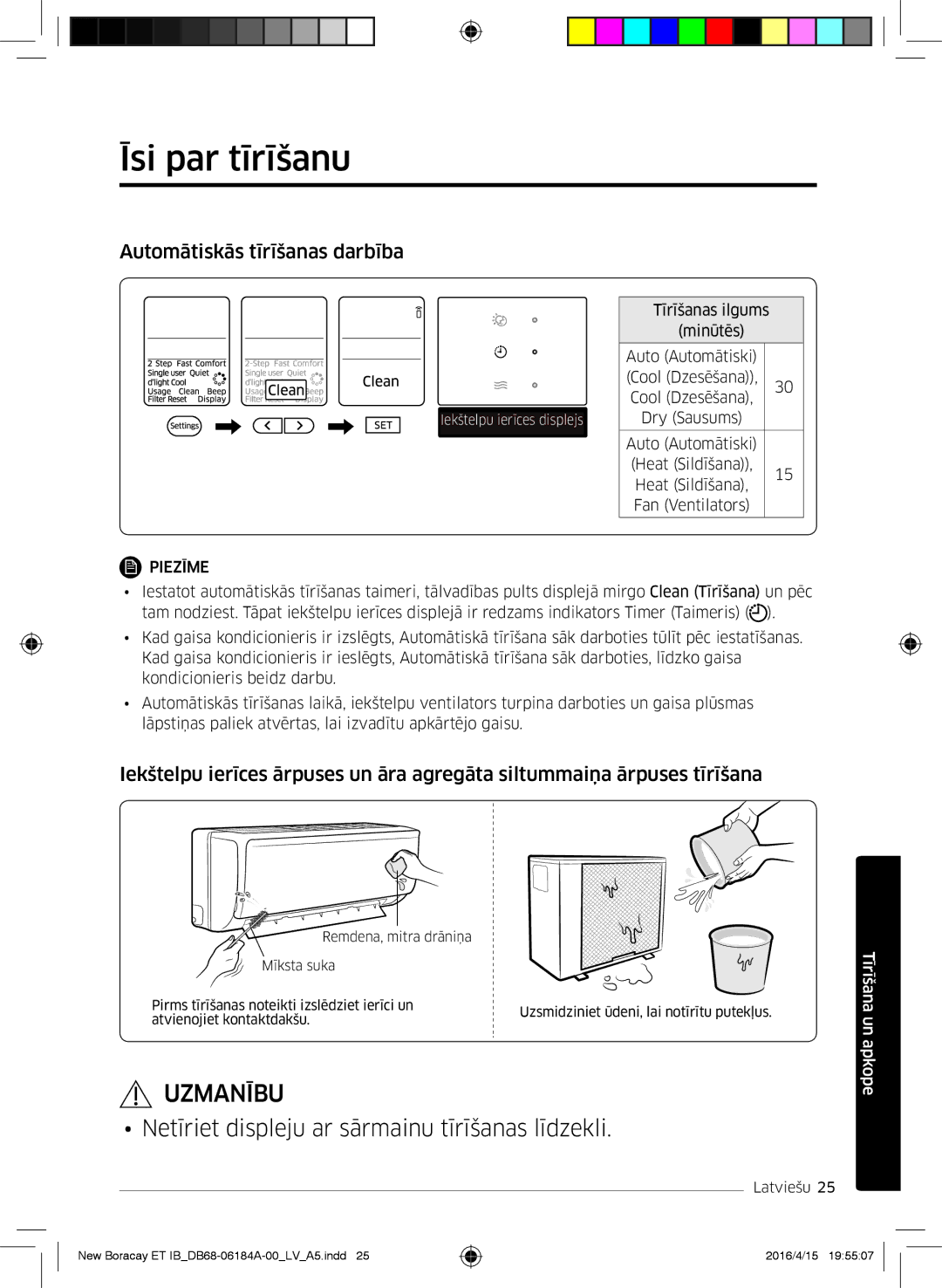 Samsung AR07KSFHBWKNEU, AR09KSFHBWKNET, AR12KSFHBWKNET manual Īsi par tīrīšanu, Automātiskās tīrīšanas darbība 