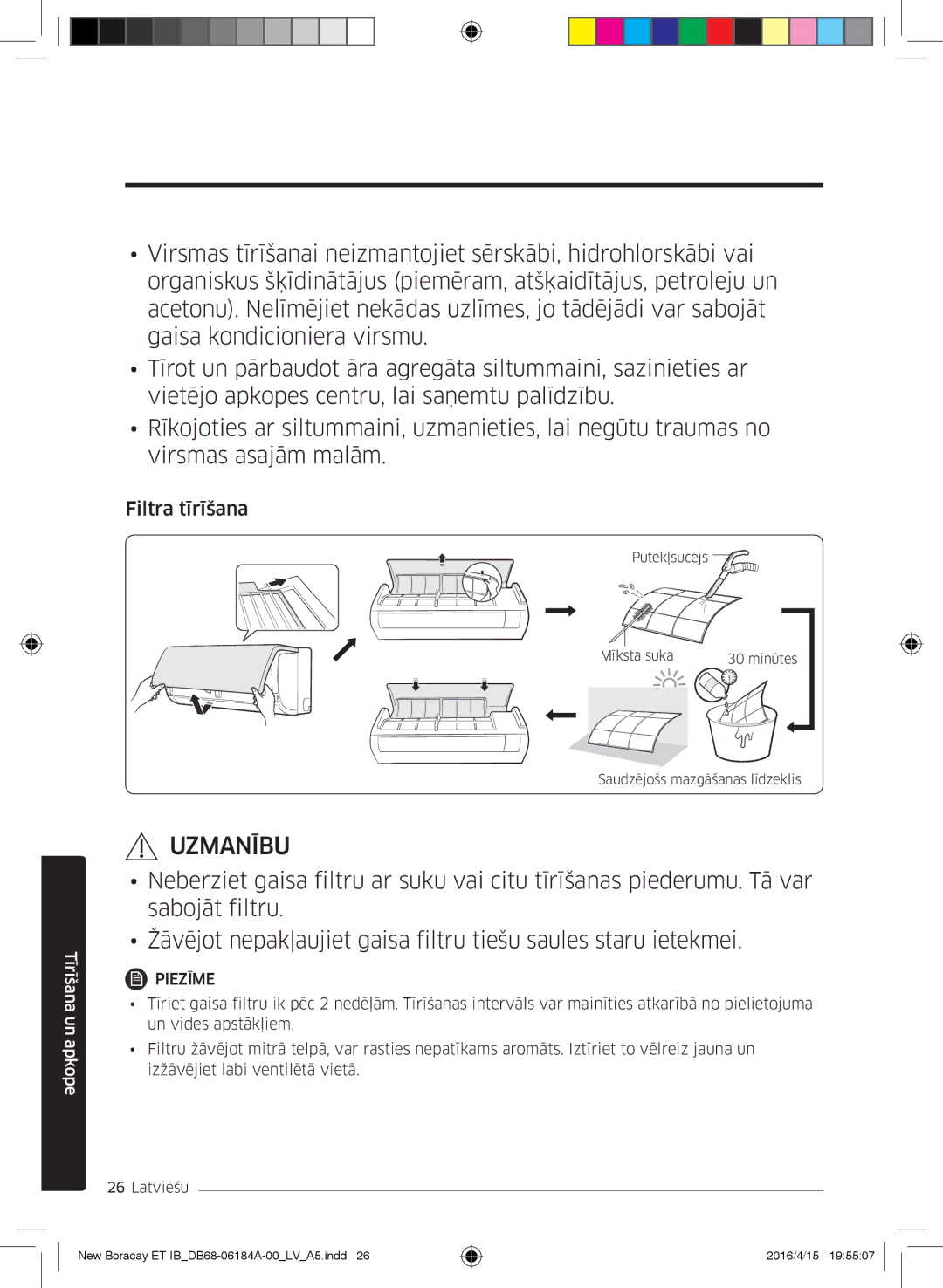 Samsung AR09KSFHBWKNET, AR12KSFHBWKNET, AR07KSFHBWKNEU manual Filtra tīrīšana 