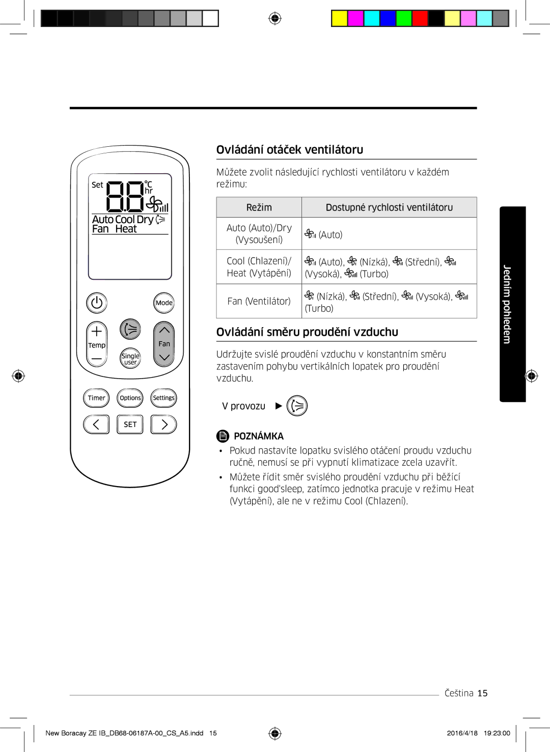 Samsung AR09KSFHBWKNET, AR12KSFHBWKNET, AR09KSFHBWKNZE manual Ovládání otáček ventilátoru, Ovládání směru proudění vzduchu 