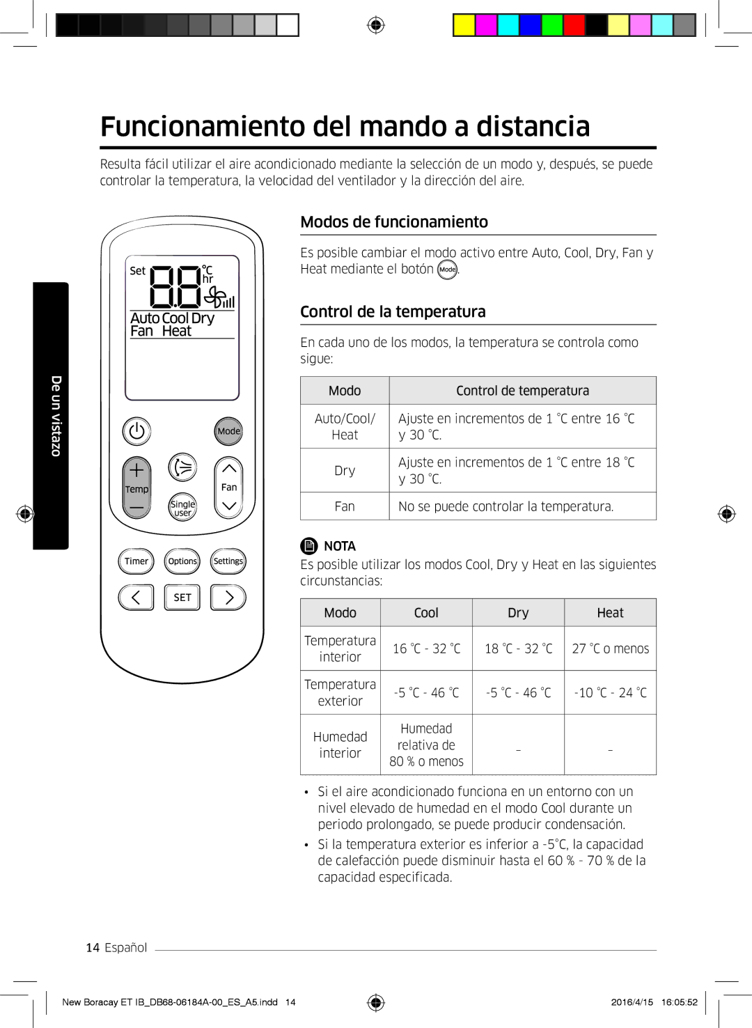 Samsung AR12KSFHBWKNET manual Funcionamiento del mando a distancia, Modos de funcionamiento, Control de la temperatura 