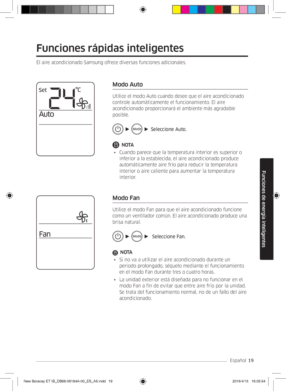 Samsung AR09KSFHBWKNET, AR12KSFHBWKNET manual Funciones rápidas inteligentes, Modo Auto, Modo Fan 