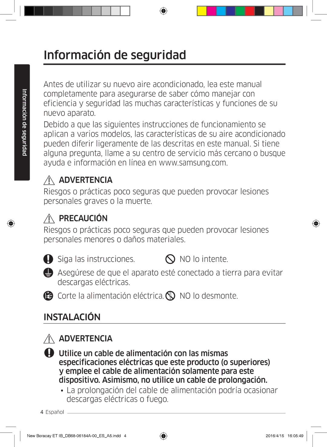 Samsung AR12KSFHBWKNET, AR09KSFHBWKNET manual Información de seguridad, Advertencia 