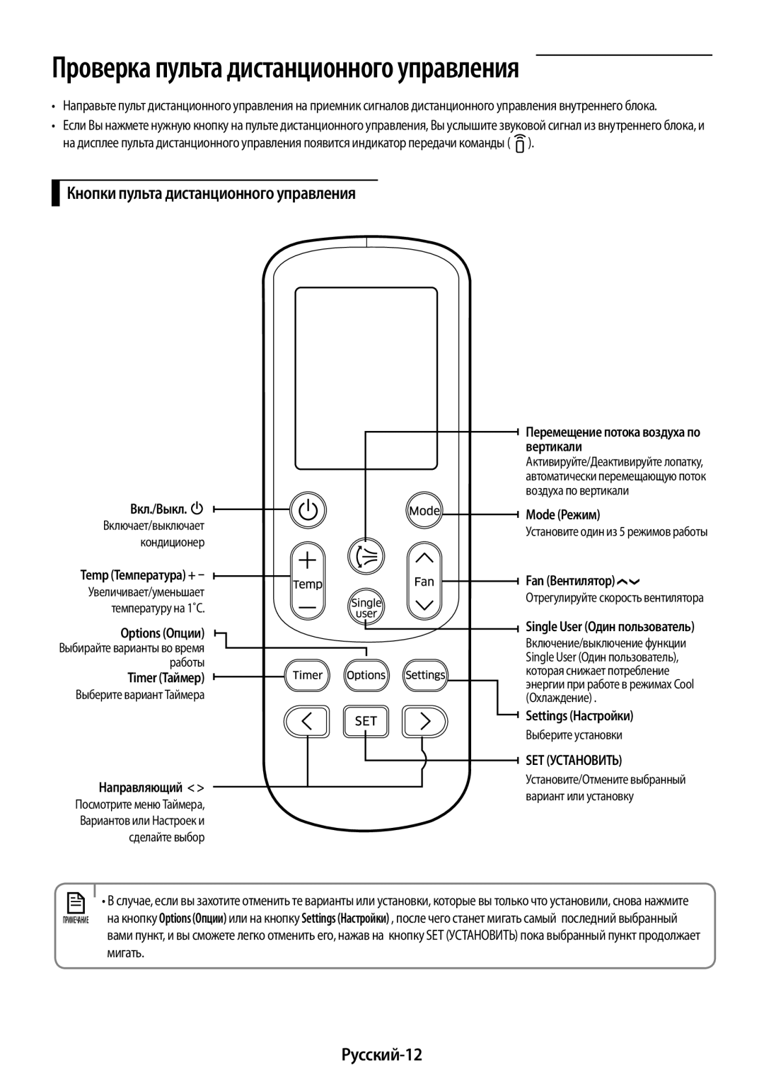 Samsung AR09KSFPAWQNER, AR24KSFPAWQNER, AR12KSFPAWQNER, AR18KSFPAWQNER Кнопки пульта дистанционного управления, Русский-12 