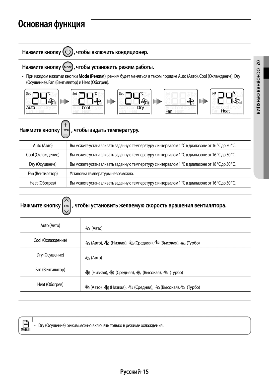 Samsung AR18KSFPAWQNER, AR09KSFPAWQNER manual Чтобы задать температуру, Русский-15, Нажмите кнопку, 02 Основная функция 