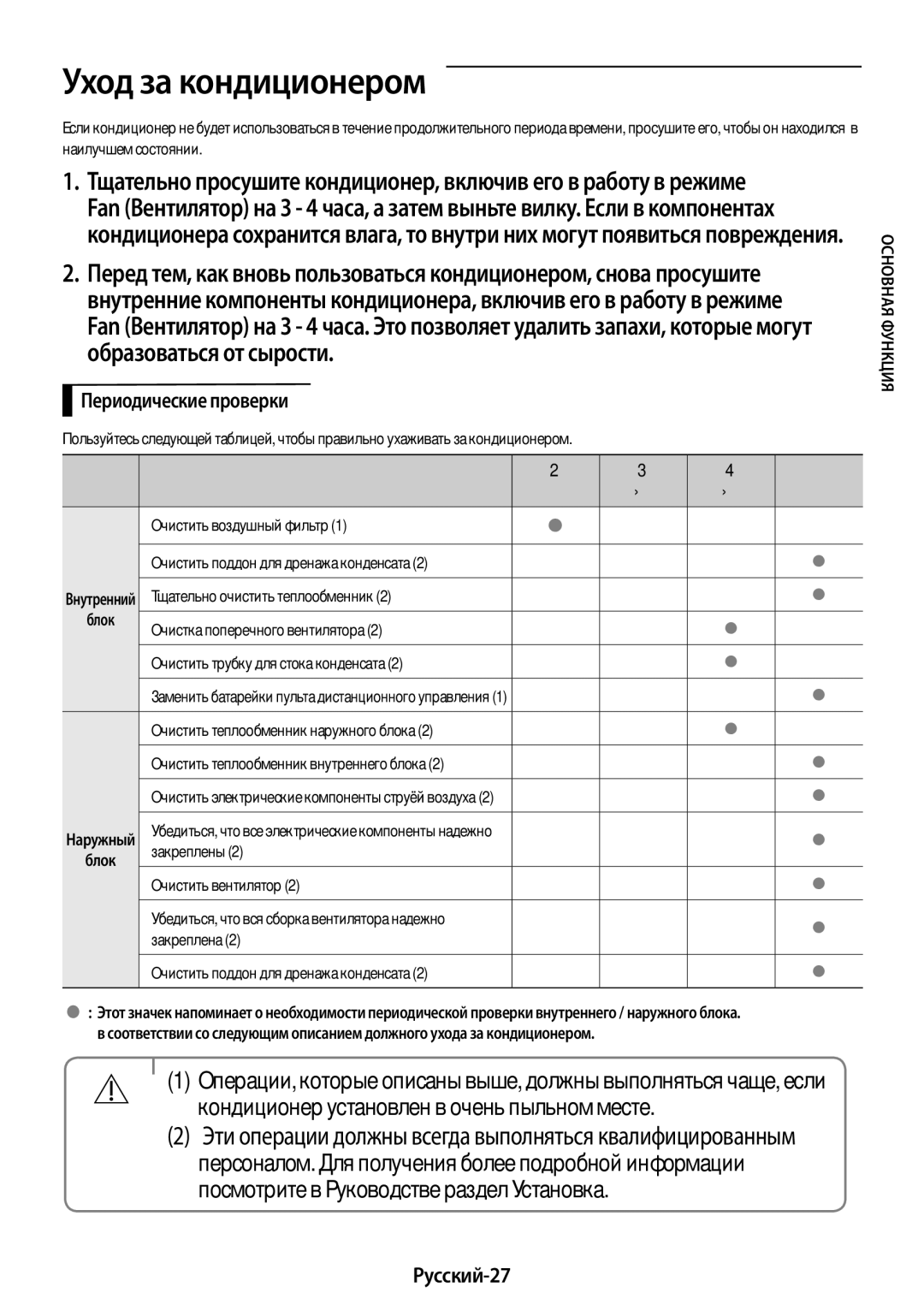 Samsung AR18KSFPAWQNER, AR09KSFPAWQNER, AR24KSFPAWQNER manual Уход за кондиционером, Русский-27, 06 Основная функция 