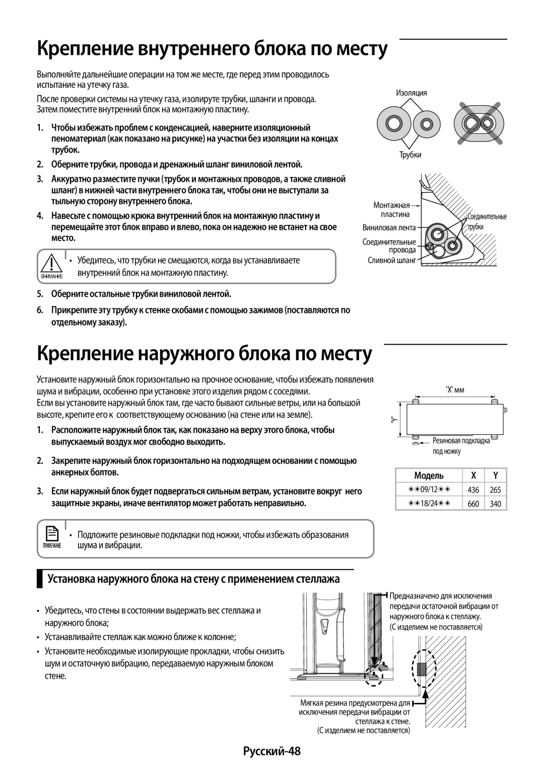 Samsung AR09KSFPAWQNER, AR24KSFPAWQNER, AR12KSFPAWQNER, AR18KSFPAWQNER manual Крепление внутреннего блока по месту, Русский-48 