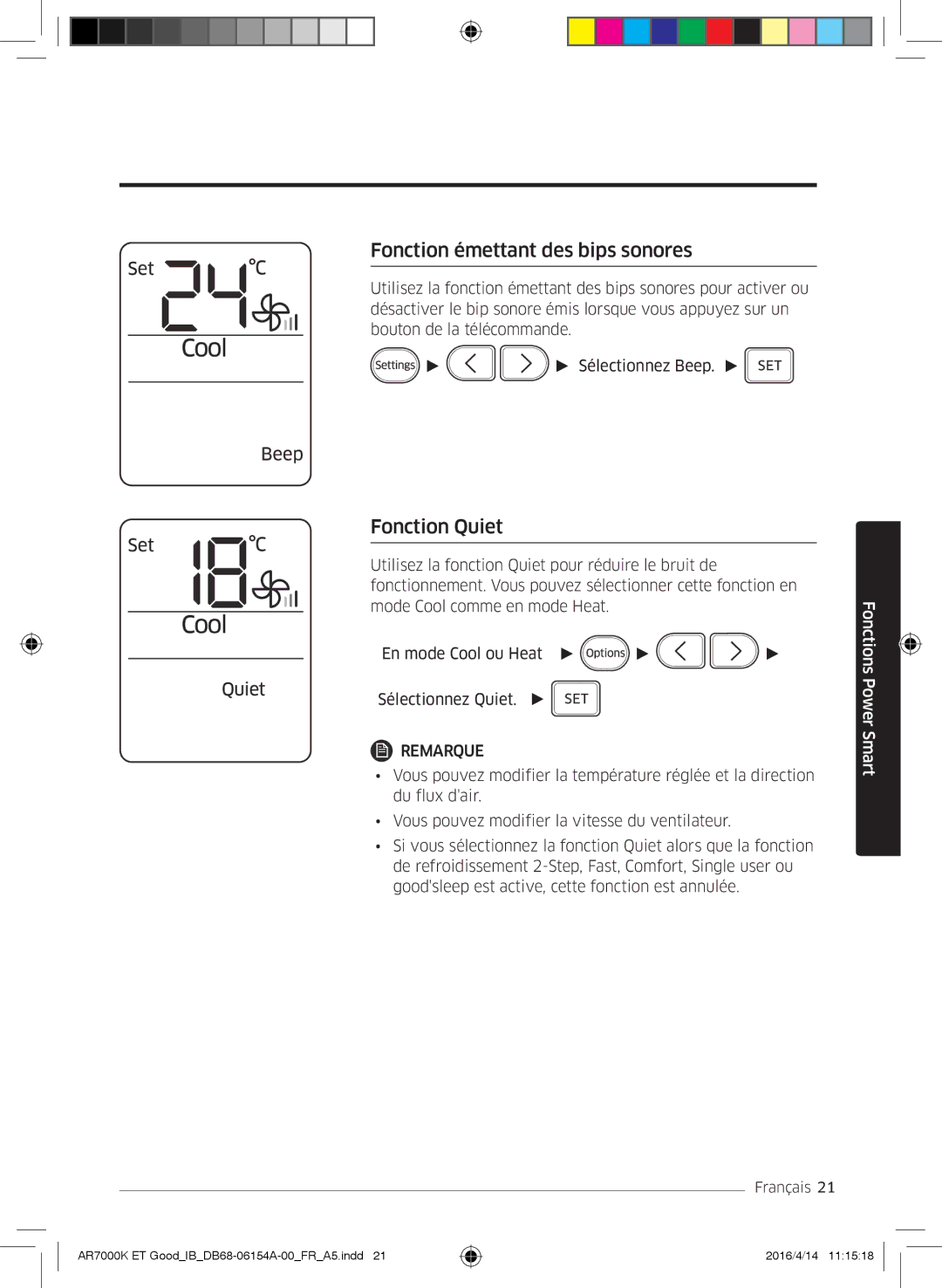 Samsung AR09KSWSBWKNET, AR09KSWNAWKNET, AR07KSWSAWKNEU, AR12KSWNAWKNET Fonction émettant des bips sonores, Fonction Quiet 