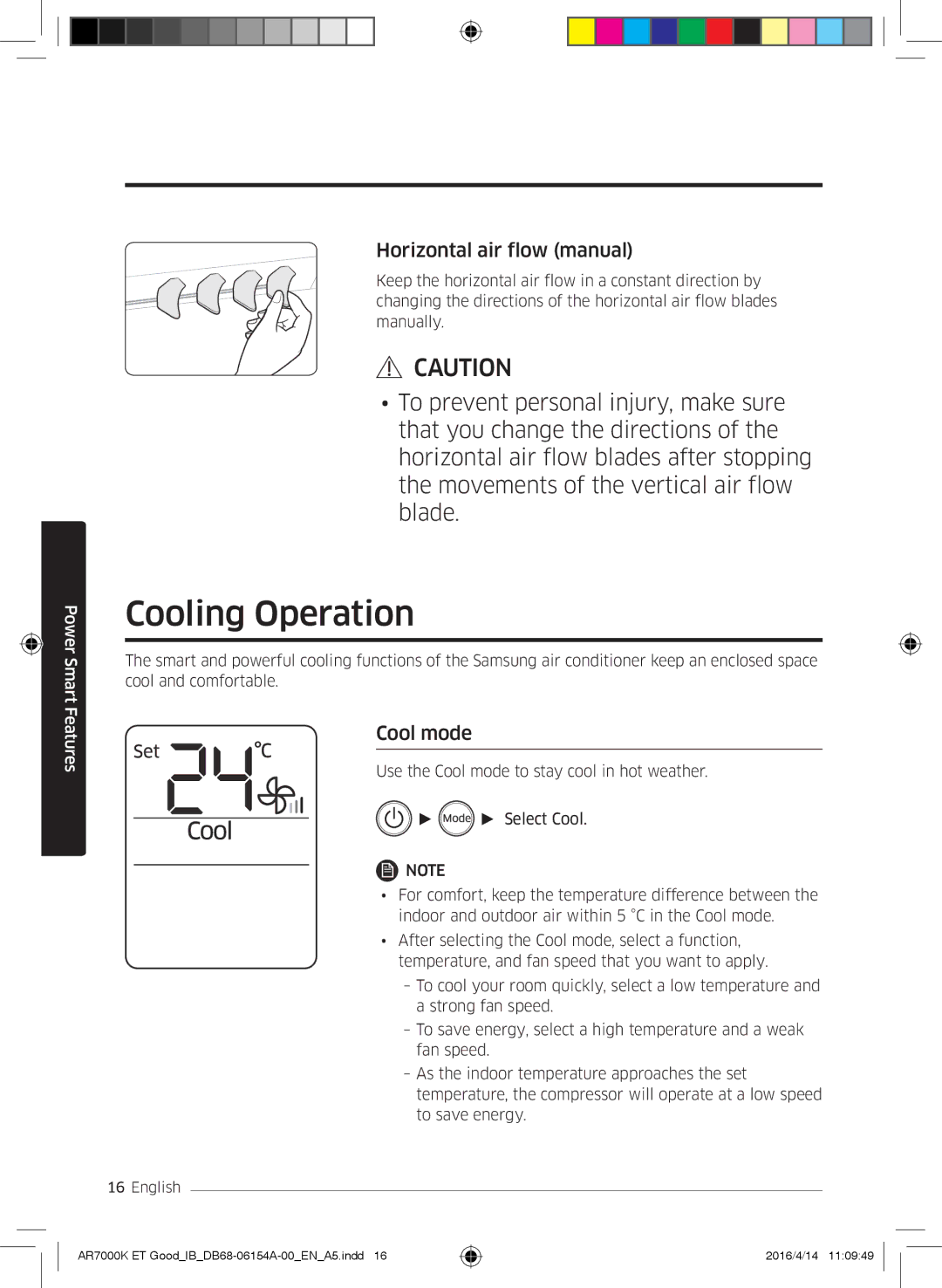 Samsung AR24KSWSAWKXEU, AR09KSWNAWKNET, AR07KSWSAWKNEU Cooling Operation, Horizontal air flow manual, Cool mode 