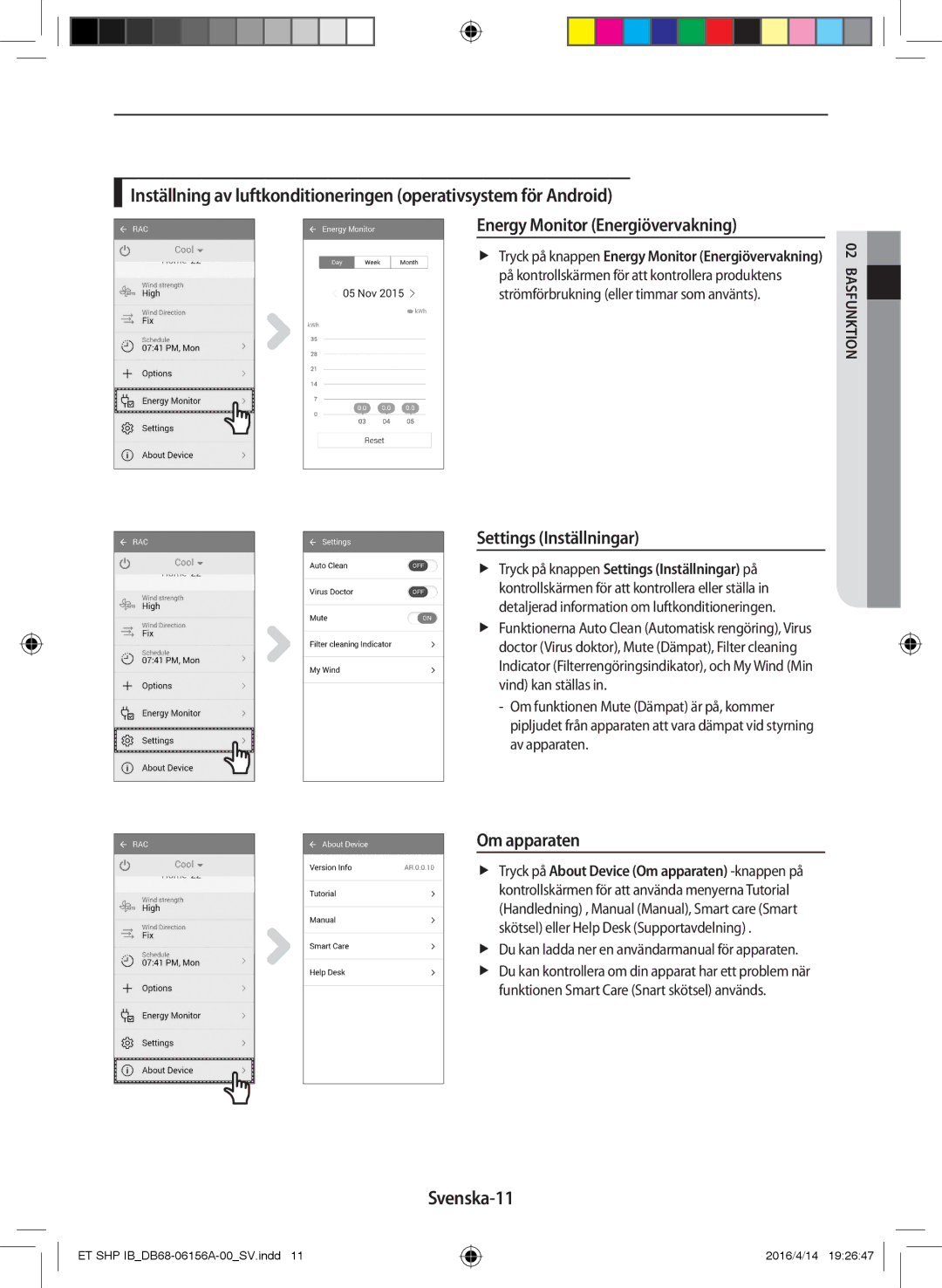 Samsung AR09KSWSBWKNET, AR09KSWNAWKNET, AR07KSWSAWKNEU, AR12KSWNAWKNET manual Settings Inställningar, Om apparaten, Svenska-11 