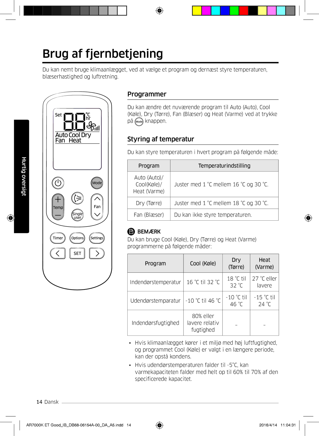 Samsung AR07KSWSAWKNEU, AR09KSWNAWKNET, AR12KSWNAWKNET manual Brug af fjernbetjening, Programmer, Styring af temperatur 