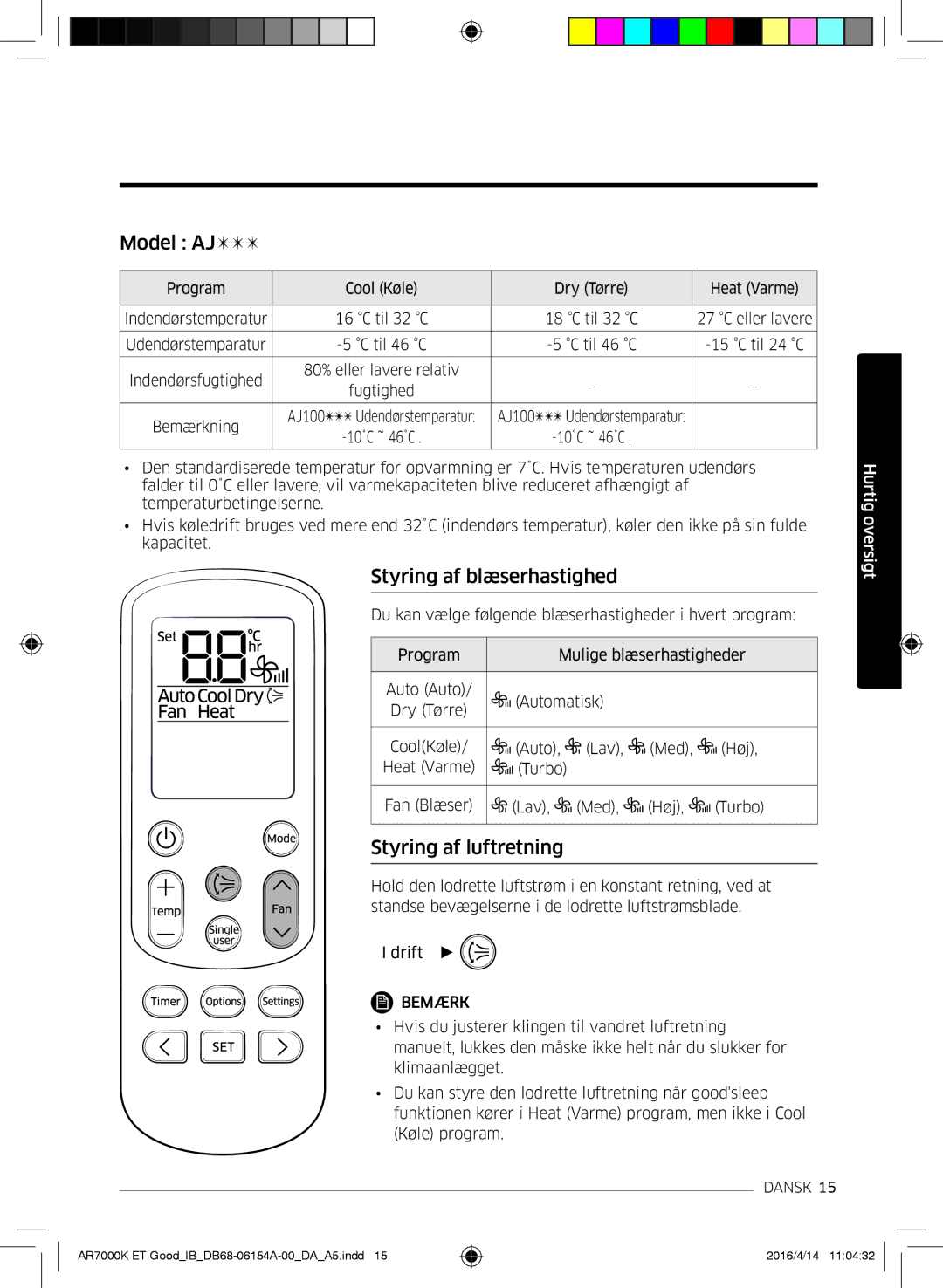 Samsung AR12KSWNAWKNET, AR09KSWNAWKNET, AR07KSWSAWKNEU manual Model AJ, Styring af blæserhastighed, Styring af luftretning 