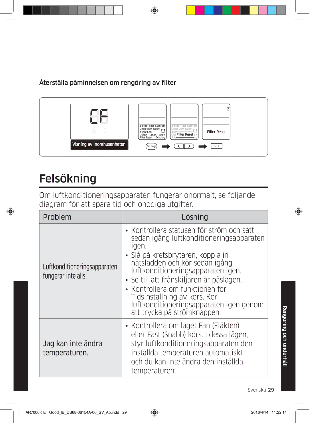 Samsung AR12KSWNAWKNET, AR09KSWNAWKNET, AR07KSWSAWKNEU manual Felsökning, Återställa påminnelsen om rengöring av filter 