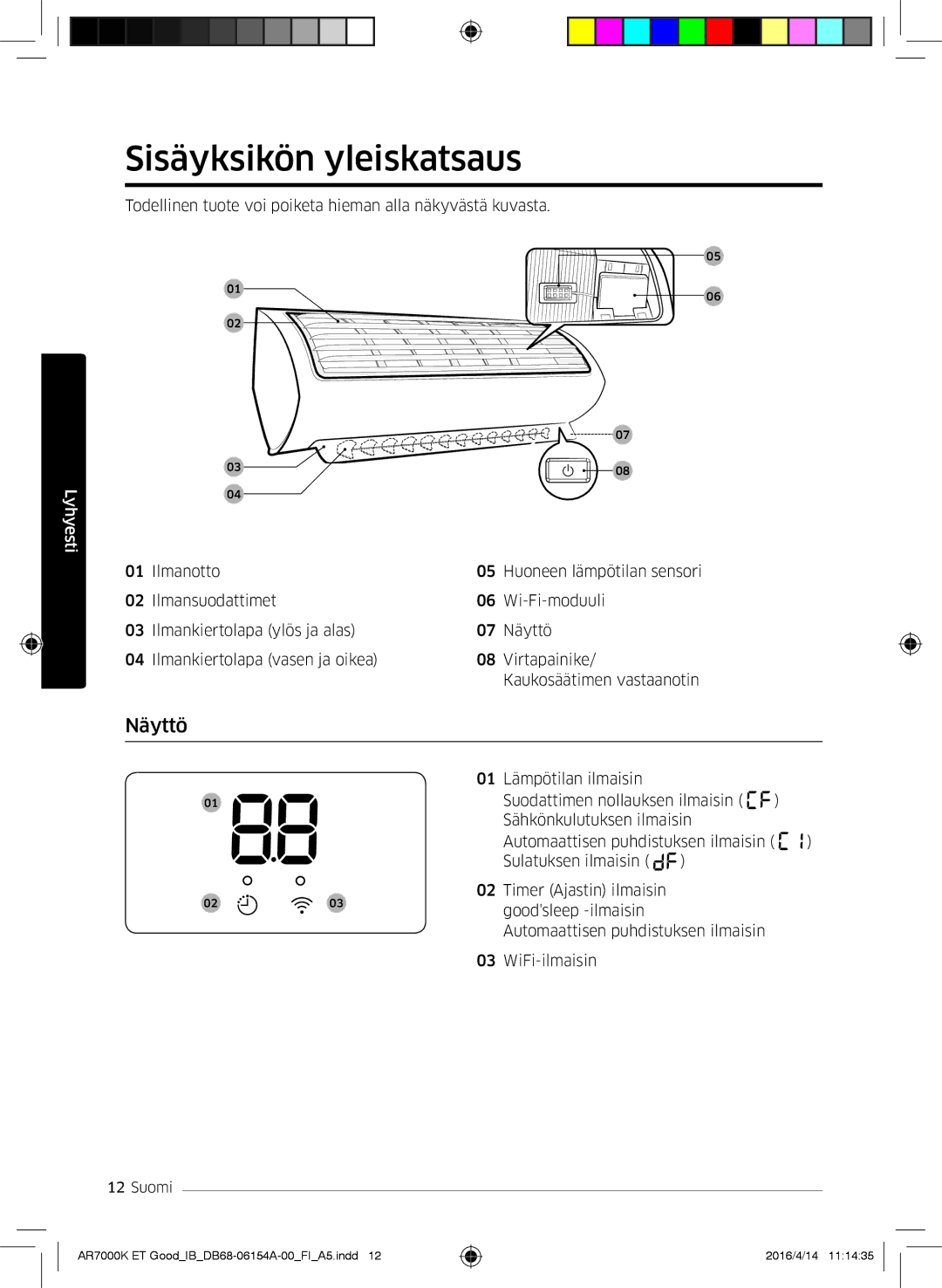 Samsung AR24KSWNAWKXEU, AR09KSWNAWKNET, AR07KSWSAWKNEU, AR12KSWNAWKNET, AR12KSWSBWKNET manual Sisäyksikön yleiskatsaus, Näyttö 