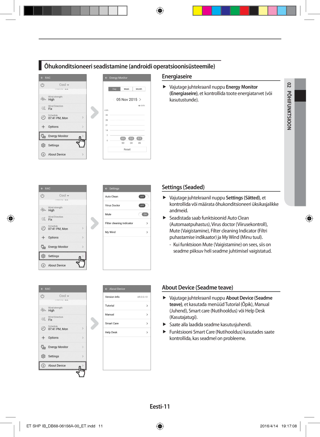 Samsung AR12KSWNAWKNET Settings Seaded, About Device Seadme teave, Eesti-11, FFSaate alla laadida seadme kasutusjuhendi 