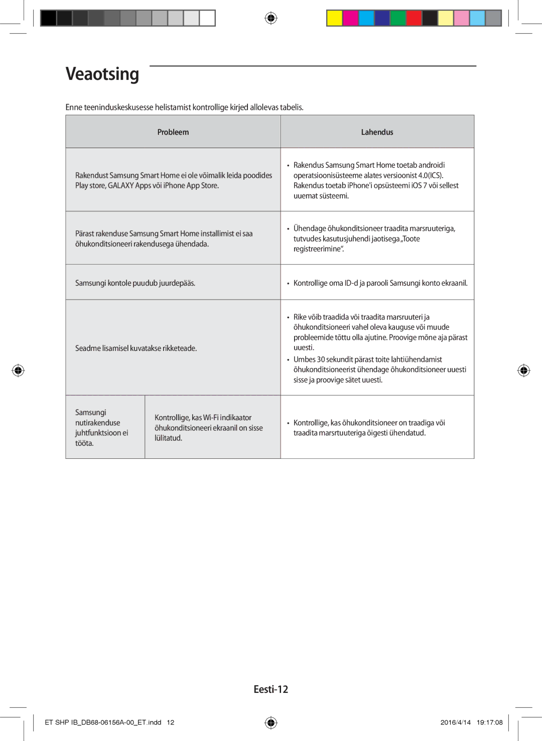 Samsung AR12KSWSBWKNET, AR09KSWNAWKNET, AR07KSWSAWKNEU, AR12KSWNAWKNET, AR09KSWSBWKNET Veaotsing, Eesti-12, Probleem Lahendus 