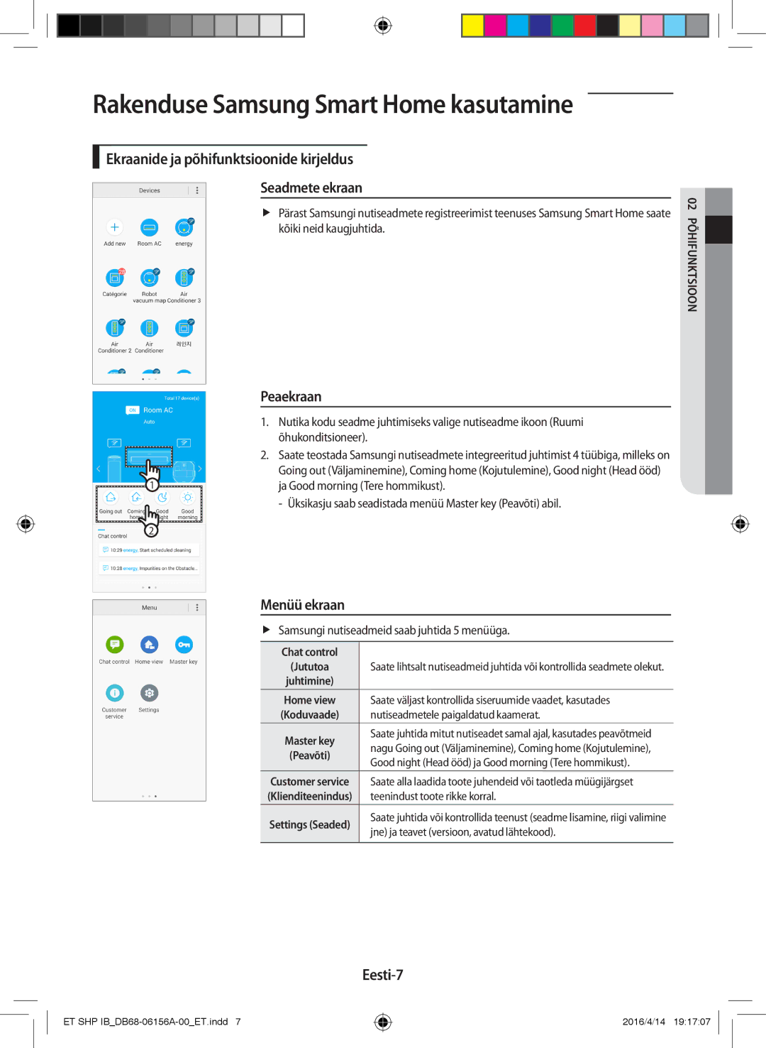 Samsung AR12KSWSBWKNZE, AR09KSWNAWKNET manual Ekraanide ja põhifunktsioonide kirjeldus Seadmete ekraan, Peaekraan, Eesti-7 