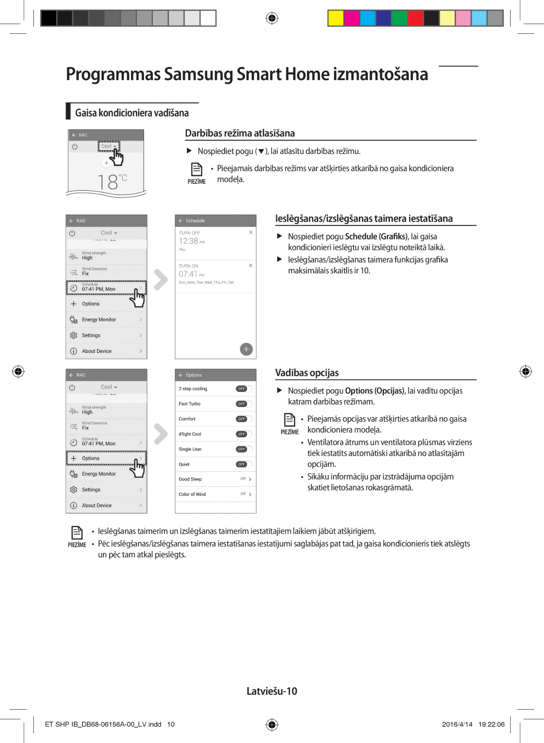 Samsung AR07KSWSAWKNEU manual Gaisa kondicioniera vadīšana Darbības režīma atlasīšana, Vadības opcijas, Latviešu-10 