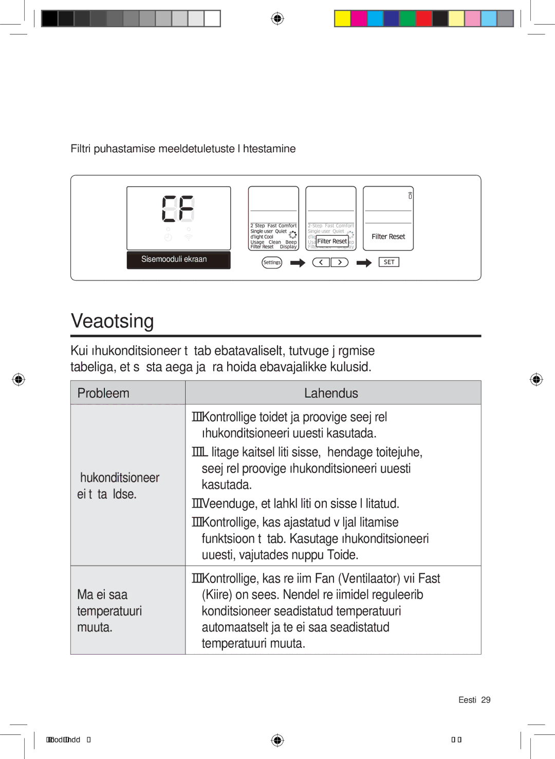 Samsung AR12KSWSBWKNET, AR09KSWNAWKNET, AR07KSWSAWKNEU manual Veaotsing, Filtri puhastamise meeldetuletuste lähtestamine 