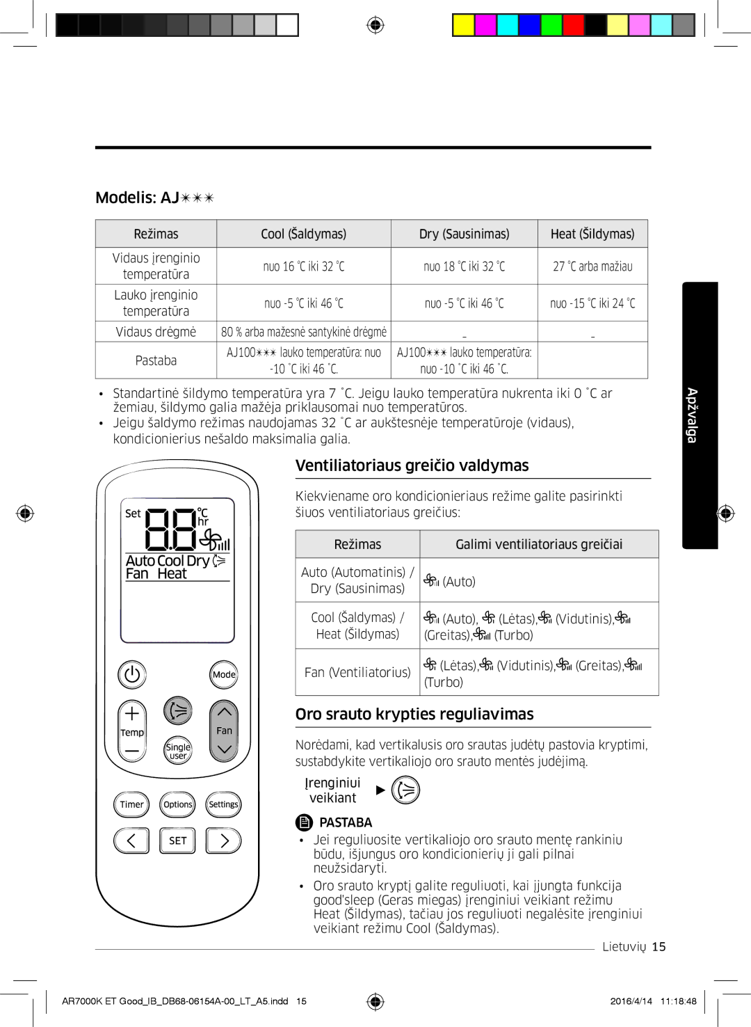 Samsung AR12KSWSBWKNZE, AR09KSWNAWKNET Modelis AJ, Ventiliatoriaus greičio valdymas, Oro srauto krypties reguliavimas 