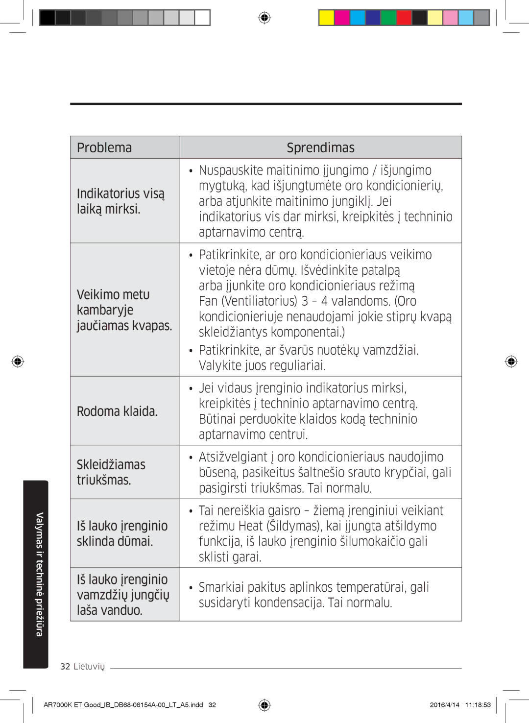 Samsung AR09KSWSBWKNZE, AR09KSWNAWKNET, AR07KSWSAWKNEU, AR12KSWNAWKNET, AR12KSWSBWKNET manual Valymas ir techninė priežiūra 