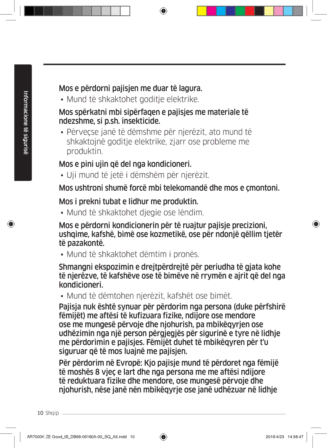 Samsung AR12KSWSBWKNZE, AR09KSWNAWKNET, AR12KSWNAWKNET, AR09KSWSBWKNZE manual Informacione të sigurisë 