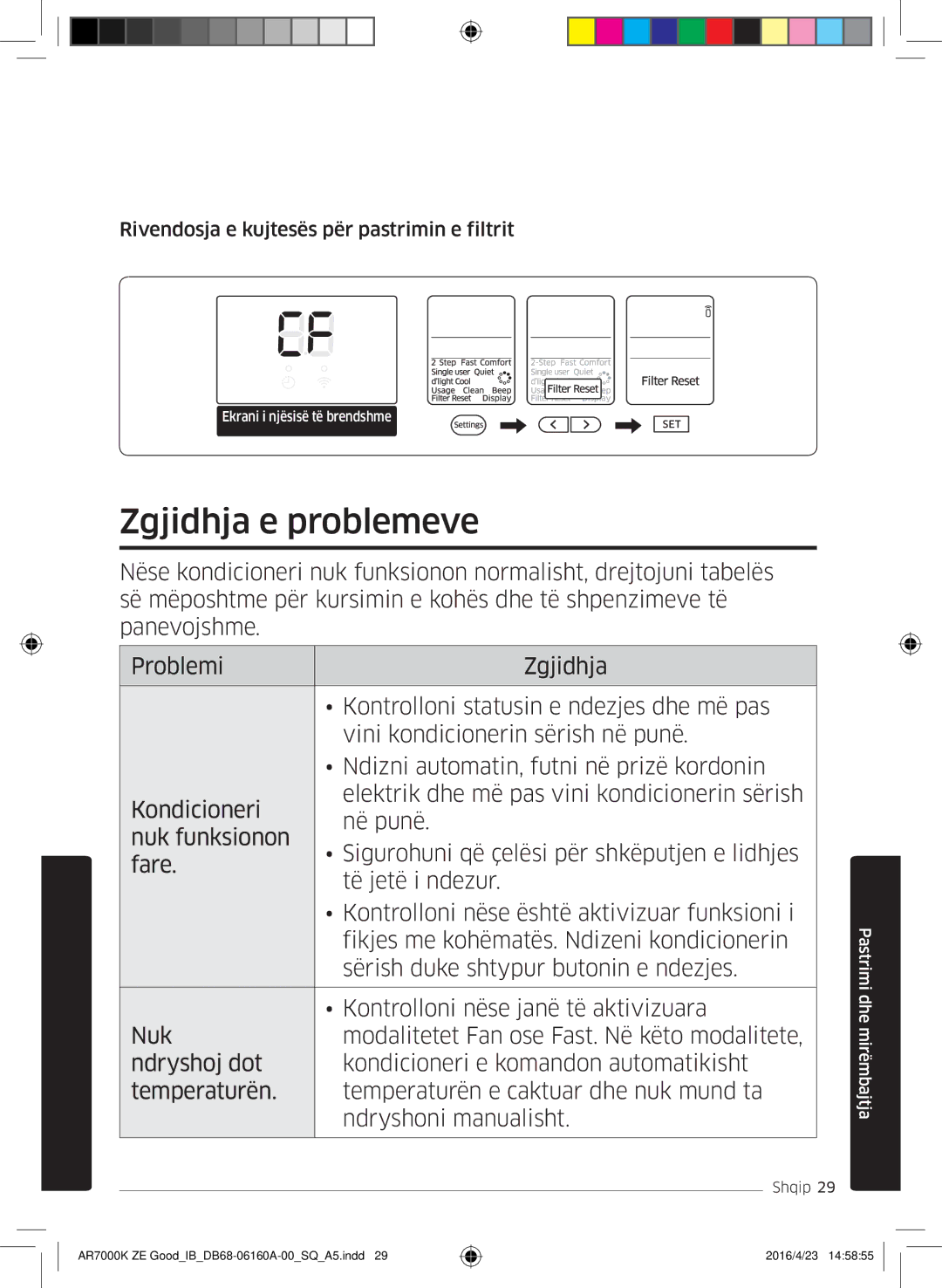 Samsung AR09KSWSBWKNZE, AR09KSWNAWKNET, AR12KSWNAWKNET Zgjidhja e problemeve, Rivendosja e kujtesës për pastrimin e filtrit 