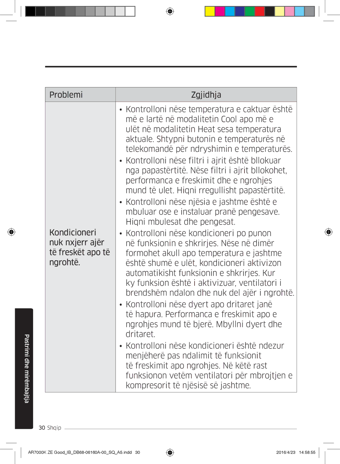 Samsung AR12KSWSBWKNZE, AR09KSWNAWKNET, AR12KSWNAWKNET, AR09KSWSBWKNZE manual Pastrimi dhe mirëmbajtja 