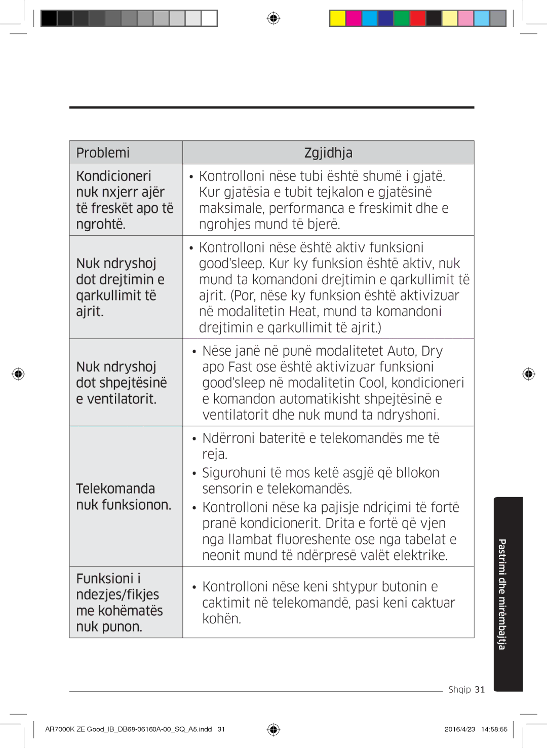 Samsung AR09KSWNAWKNET, AR12KSWNAWKNET, AR09KSWSBWKNZE, AR12KSWSBWKNZE manual Pastrimi dhe mirëmbajtja 