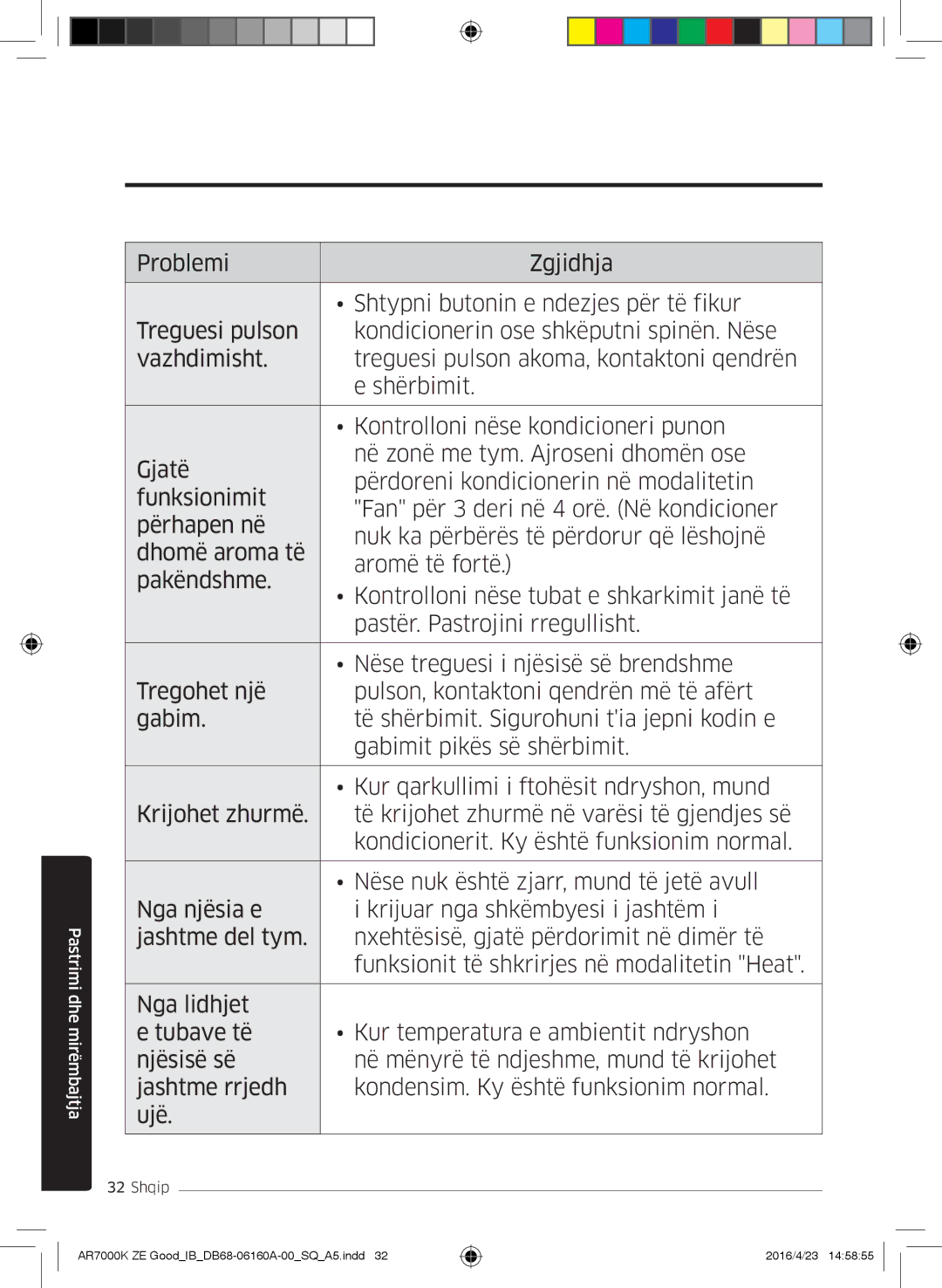 Samsung AR12KSWNAWKNET, AR09KSWNAWKNET, AR09KSWSBWKNZE, AR12KSWSBWKNZE manual Pastrimi dhe mirëmbajtja 