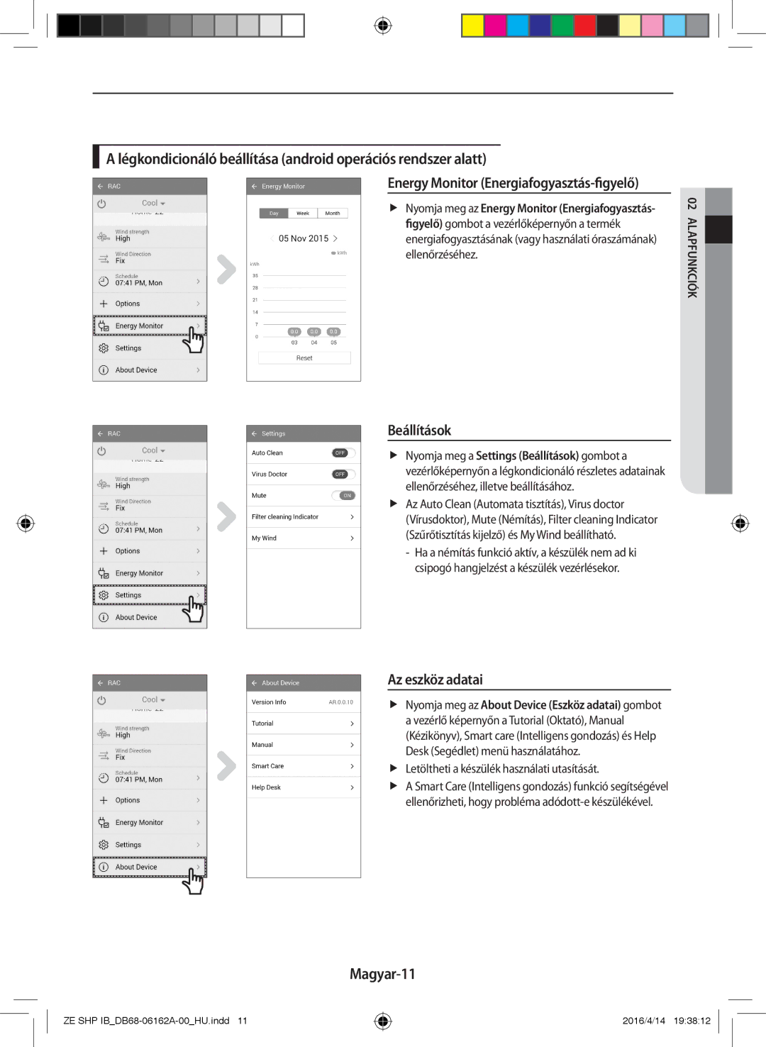 Samsung AR12KSWSBWKNZE manual Légkondicionáló beállítása android operációs rendszer alatt, Beállítások, Az eszköz adatai 