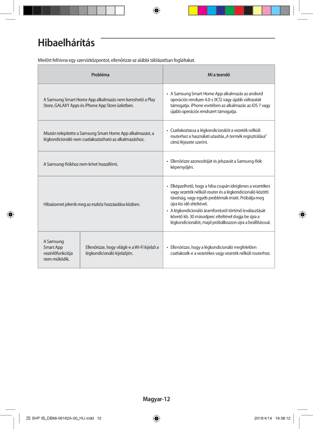 Samsung AR09KSWNAWKNET, AR12KSWNAWKNET, AR09KSWSBWKNZE, AR12KSWSBWKNZE manual Hibaelhárítás, Magyar-12, Probléma Mi a teendő 