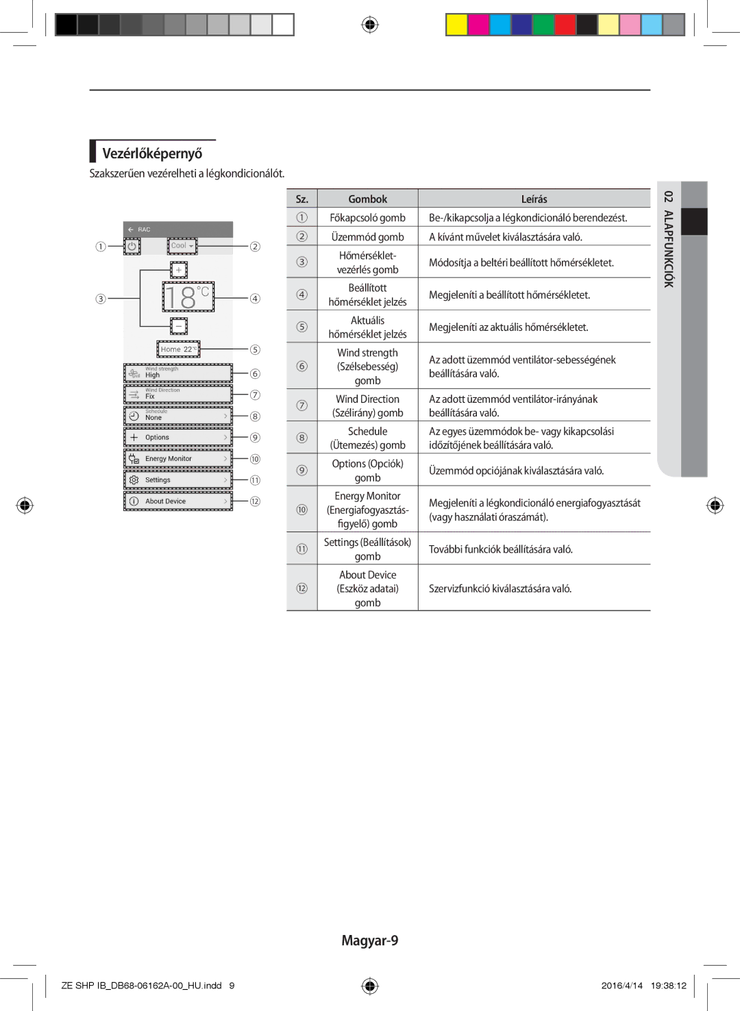 Samsung AR12KSWNAWKNET, AR09KSWNAWKNET, AR09KSWSBWKNZE, AR12KSWSBWKNZE manual Vezérlőképernyő, Magyar-9, Gombok Leírás 