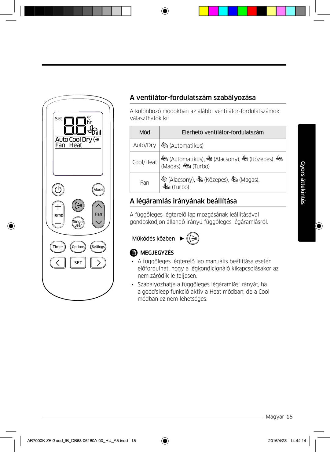 Samsung AR09KSWNAWKNET, AR12KSWNAWKNET manual Ventilátor-fordulatszám szabályozása, Légáramlás irányának beállítása 