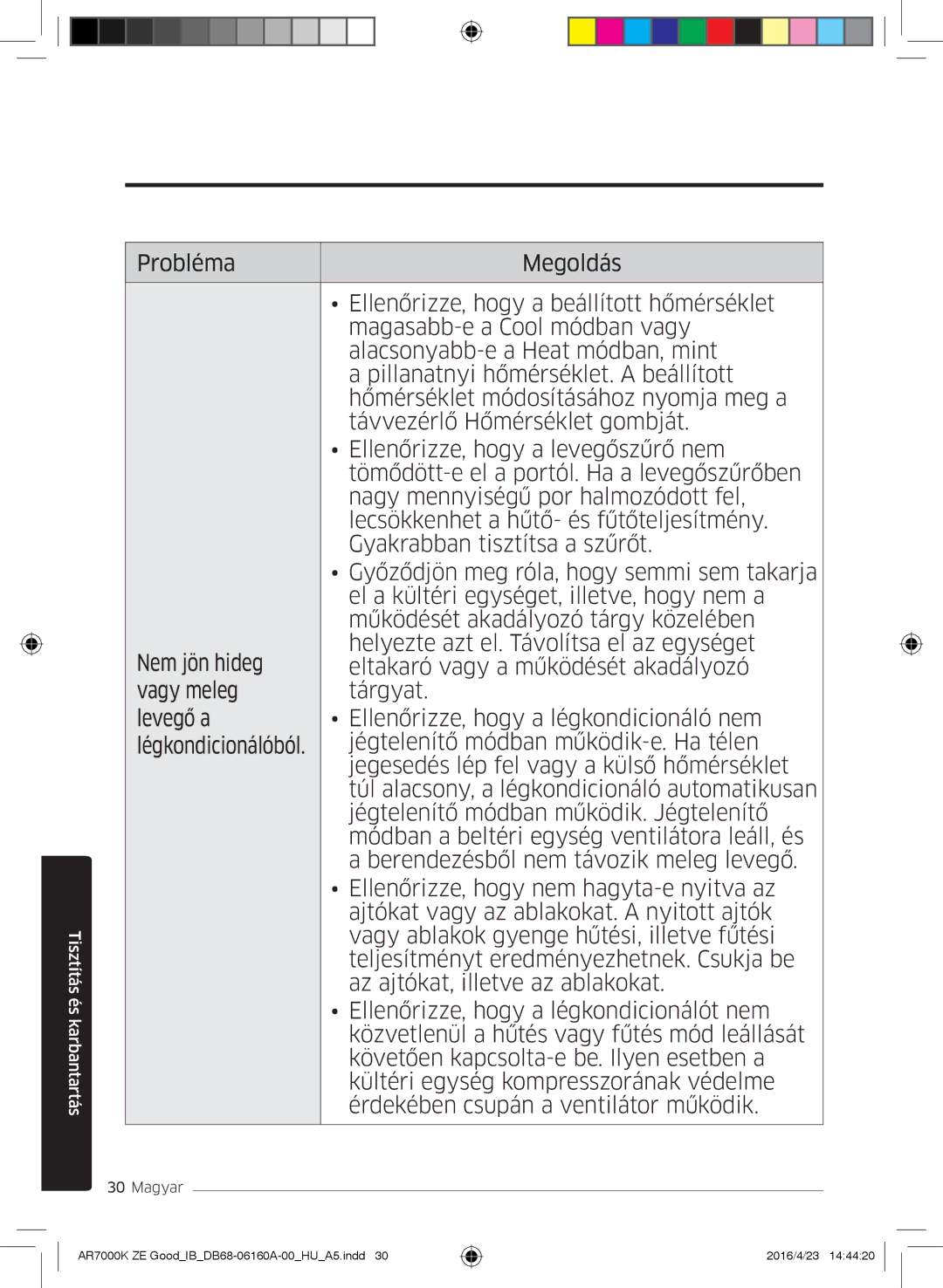 Samsung AR12KSWSBWKNZE, AR09KSWNAWKNET, AR12KSWNAWKNET, AR09KSWSBWKNZE manual Tisztítás és karbantartás 